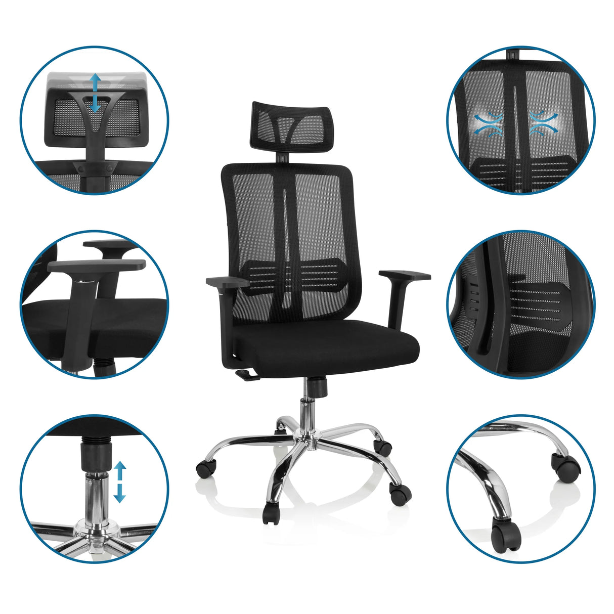 Home-Office-Bürostuhl ZH 200 in Schwarz mit verstellbarer Kopfstütze und Gasfeder von hjh OFFICE