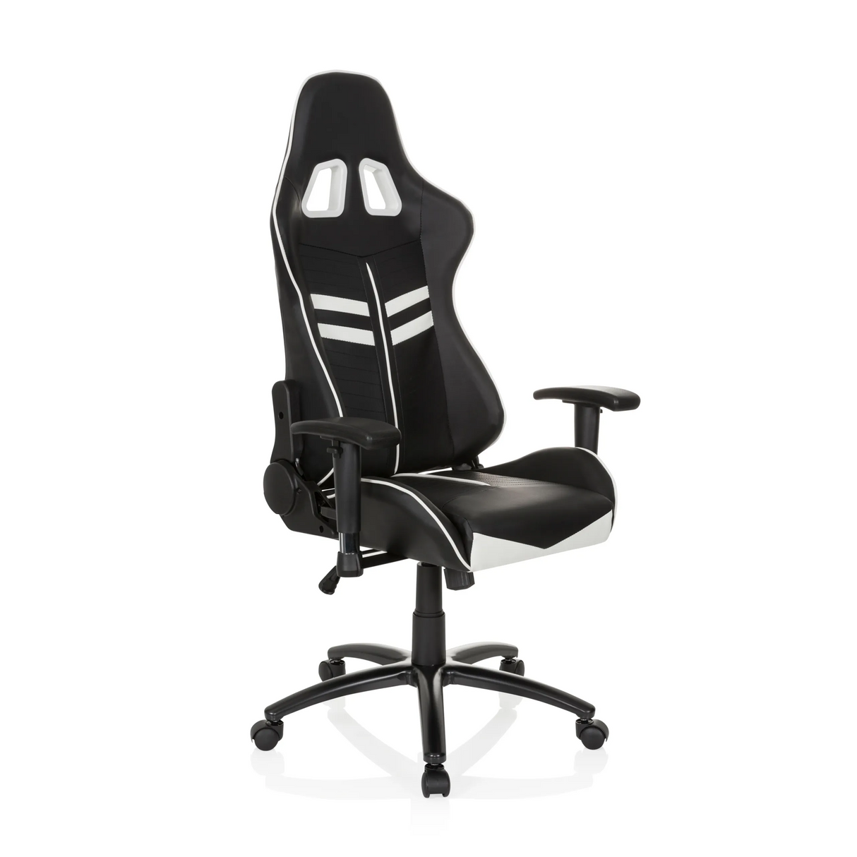 Schwarz-weißer Gamingstuhl LEAGUE PRO mit Kopfstütze und Fußkreuz mit fünf Rollen von hjh OFFICE – 360-Grad-Ansicht (schräge Frontansicht 40°)