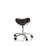 Schwarzer Sattelhocker ORTHO SIT mit Fußkreuz und fünf Rollen von hjh OFFICE – 360-Grad-Ansicht (schräge Frontansicht 60°)