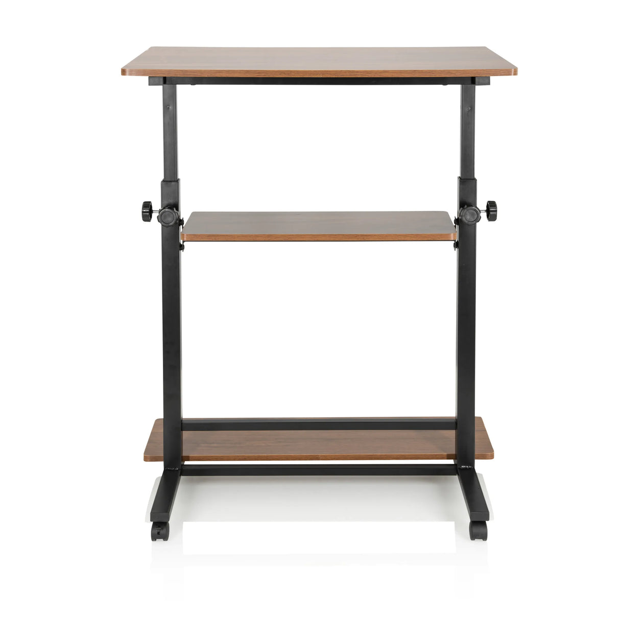 Schwarz-walnussfarbener Stehschreibtisch WORKSTATION II mit zwei Ablageflächen und Rollen von hjh OFFICE – 360-Grad-Ansicht (Frontansicht 0°)