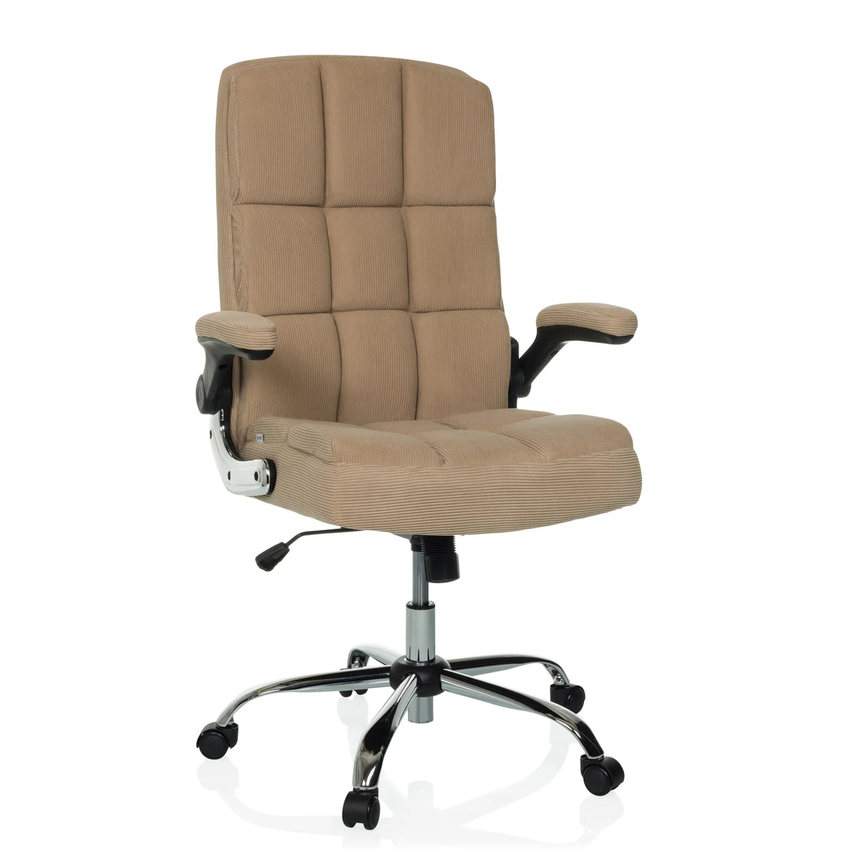 Beiger Homeoffice Chefsessel RELAX WD 100 mit Cord-Bezug und Fußkreuz mit fünf Rollen von MyBuero – 360-Grad-Ansicht (Frontansicht 15°)