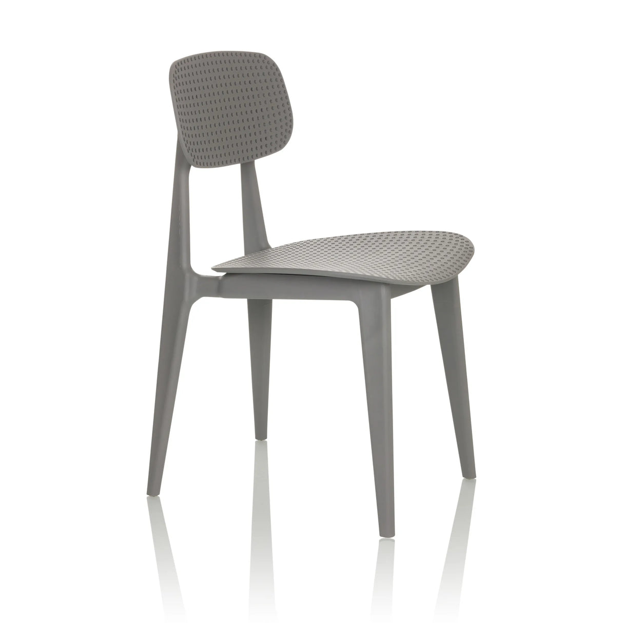 Grauer Outdoor-Stuhl ARTIFO HOL mit perforierter Rückenlehne und Sitzfläche von hjh OFFICE – 360-Grad-Ansicht (schräge Frontansicht 60°)