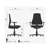 Technische Zeichnung des Profi-Bürostuhls SITNESS 10 mit einer maximalen Belastung von 110 kg von Topstar