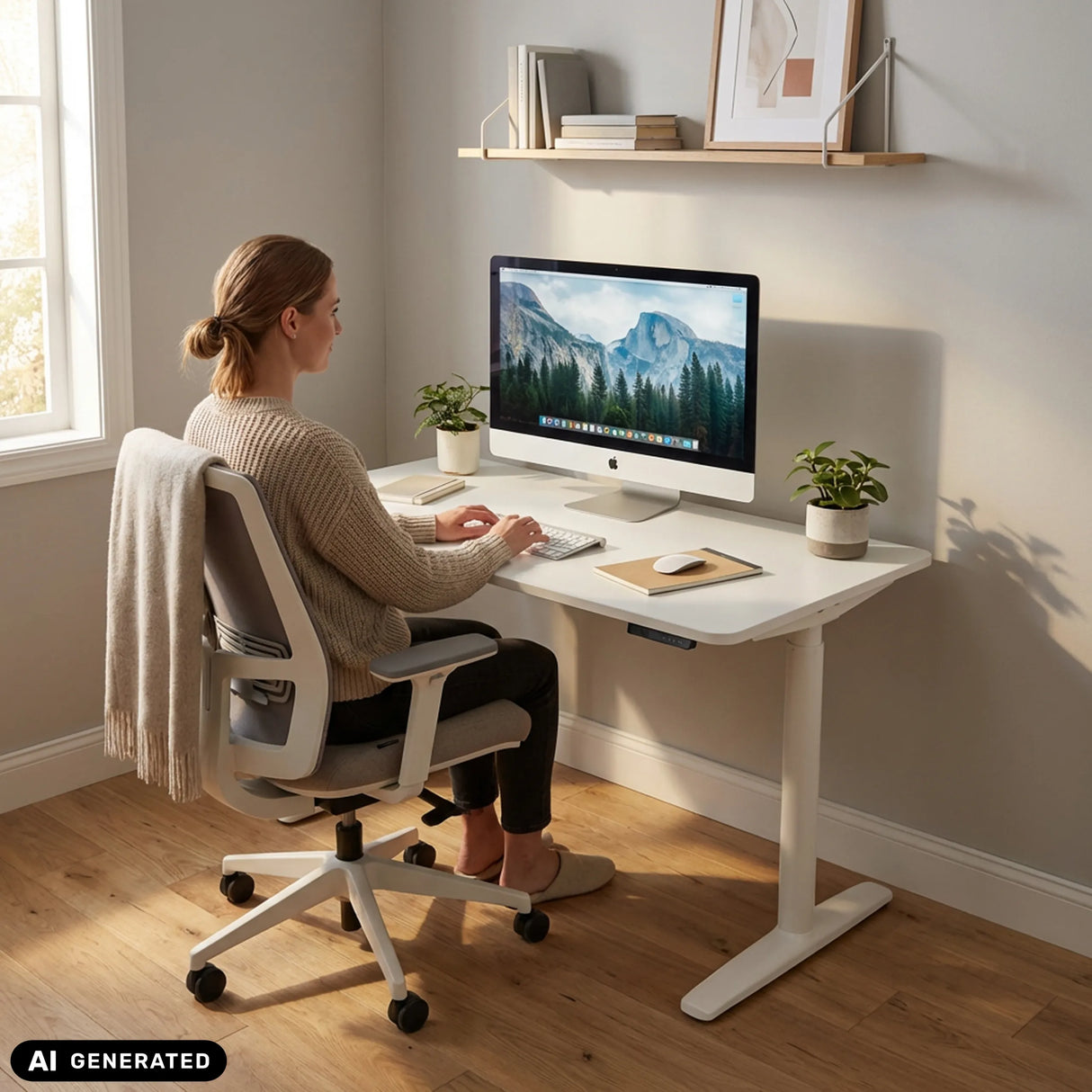 Elektrisch höhenverstellbarer Schreibtisch STAND PRO in Weiß mit Computerausstattung von hjh OFFICE (KI-generiertes Bild)