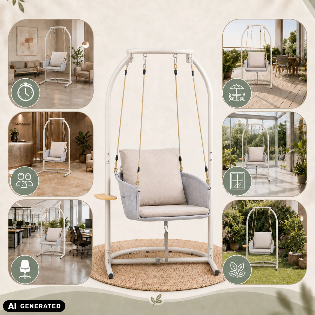 Beiger Hängesessel Skylo mit weißem Gestell und Kissen in verschiedenen Raumumgebungen von hjh LIVING (KI-generiertes Bild)