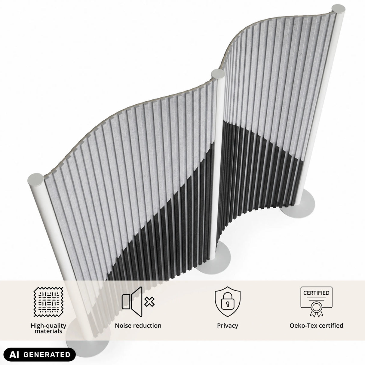 Graue Sicht- und Schallschutz-Trennwand Flexmiut Wave mit wellenförmigem Design von hjh OFFICE (KI-generiertes Bild)