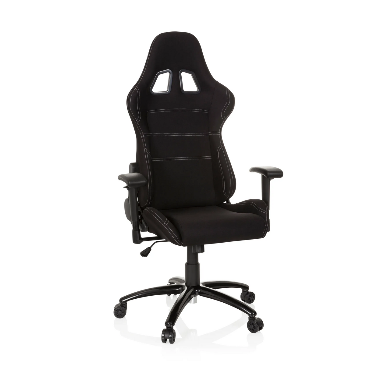 Schwarzer Gamingstuhl GAME FORCE mit Kopfstütze, Armlehnen und Fußkreuz mit fünf Rollen von hjh OFFICE – 360-Grad-Ansicht (Frontansicht 20°)