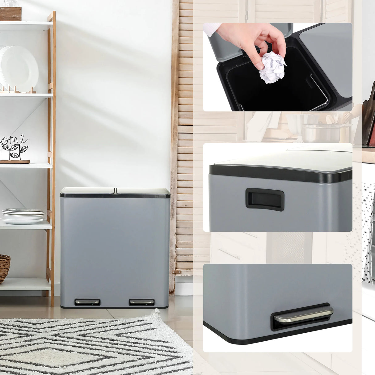 Graue Mülleimer Clean 13 mit Deckel und Fußpedal in verschiedenen Ansichten von hjh OFFICE