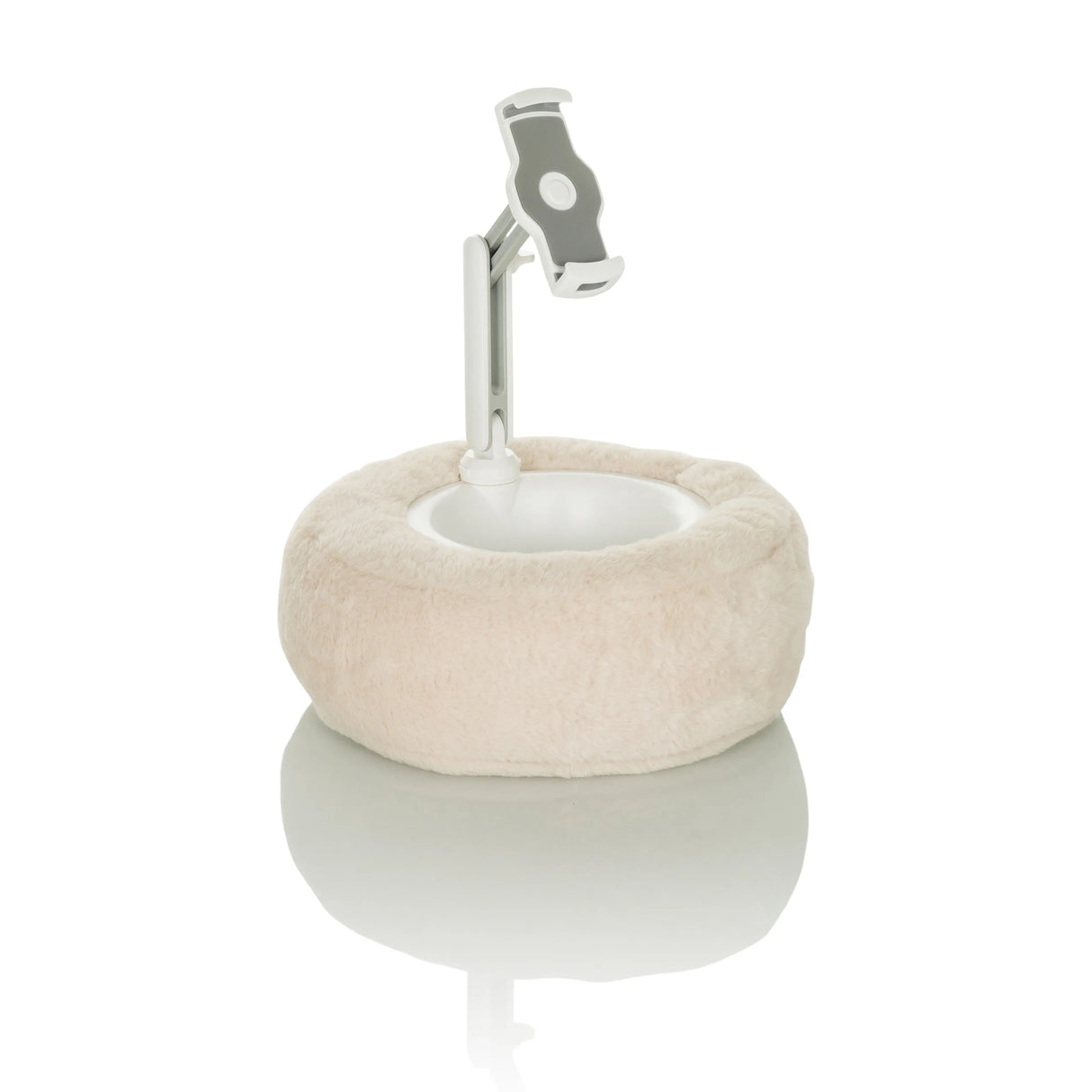 Beige Handy- und Tablet-Halterung COMFILAP II mit plüschigem Ringpolster von hjh OFFICE – 360-Grad-Ansicht (Seitenprofil 72°)