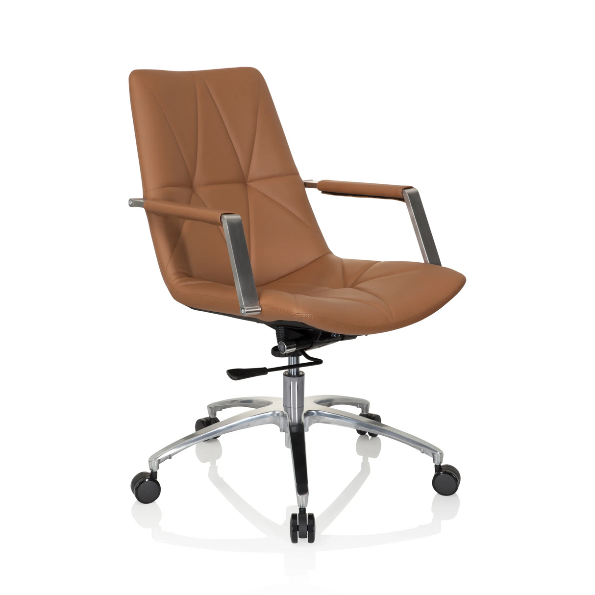 Camelfarbener Homeoffice-Bürostuhl SARANTO II mit Steppung und Fußkreuz mit fünf Rollen von hjh OFFICE – 360-Grad-Ansicht (schräge Frontansicht 40°)
