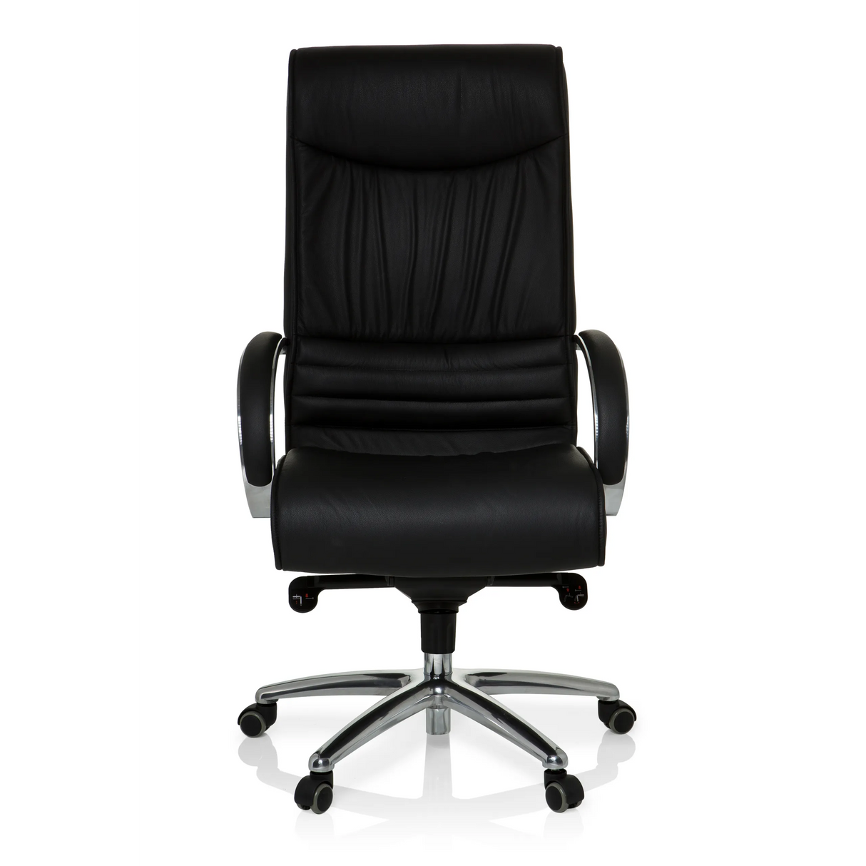 Schwarzer Drehstuhl XXL F 400 aus Leder mit Fußkreuz und fünf Rollen von hjh OFFICE – 360-Grad-Ansicht (Frontansicht 0°)