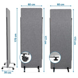 Maßzeichnung der Trennwand FLEXMIUT mit 60 × 170 cm und Rollen von hjh OFFICE