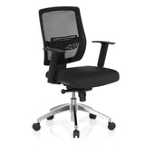 Schwarzer Profi-Bürostuhl NET 90 mit Netzrücken und Fußkreuz mit fünf Rollen von hjh OFFICE – 360-Grad-Ansicht (schräge Frontansicht 40°)