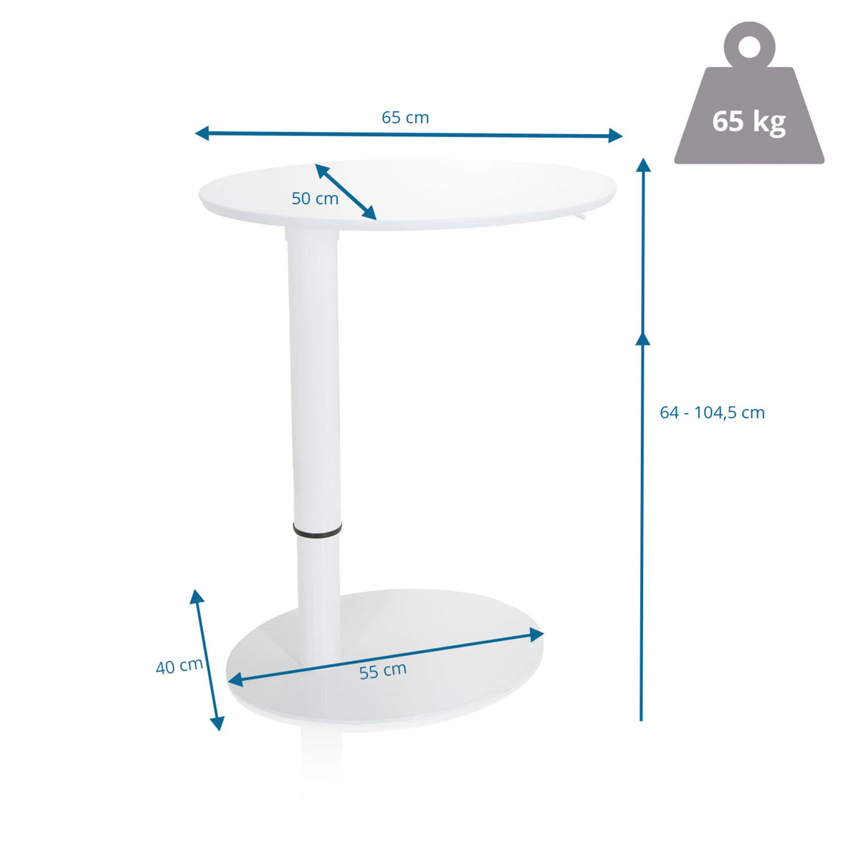 Maßzeichnung des Stehschreibtischs STAND III mit einer Höhe von 64 bis 104,5 cm von hjh OFFICE