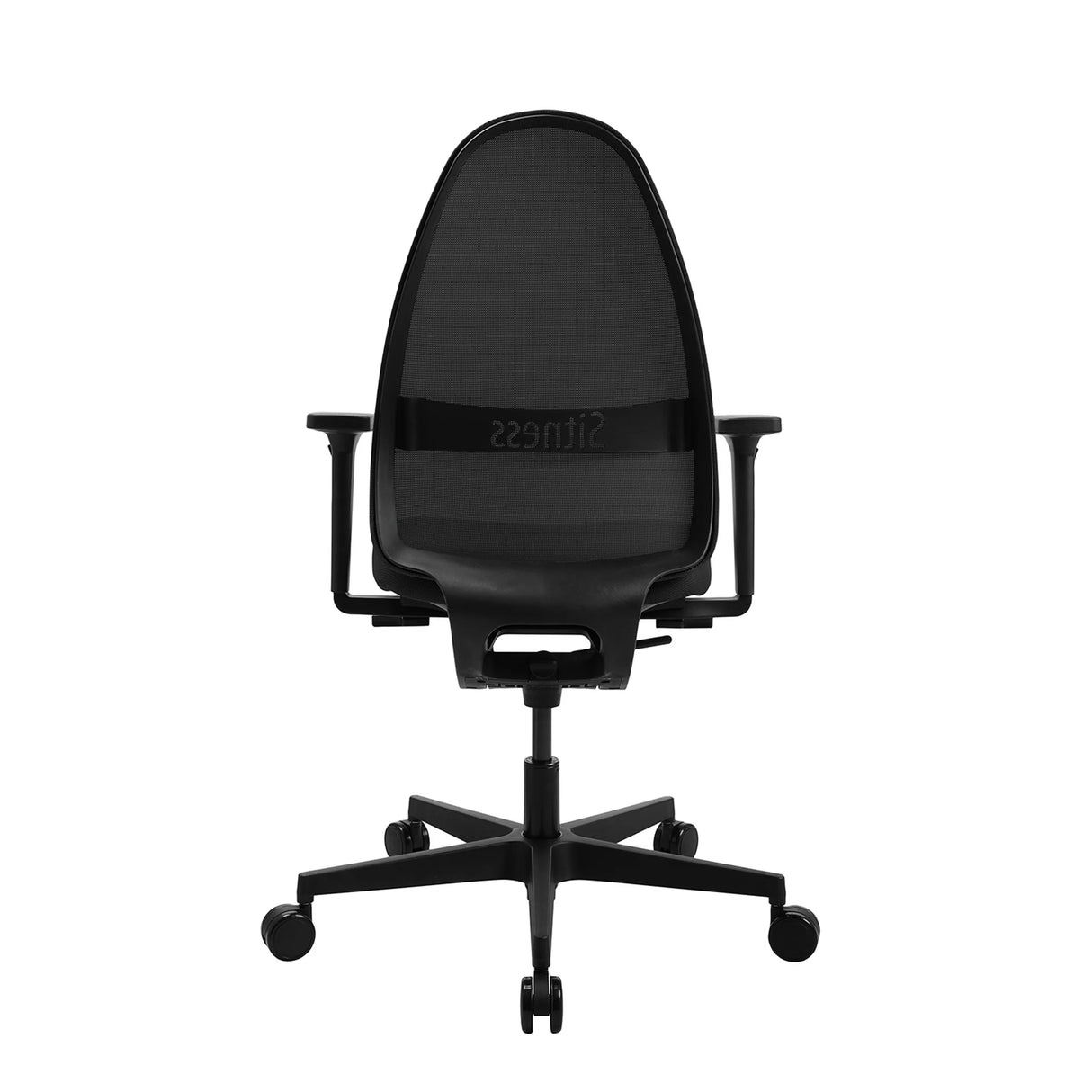 Rückansicht des Profi-Bürostuhls Soft Sitness Art in Schwarz mit Netzrücken und Fußkreuz von Topstar