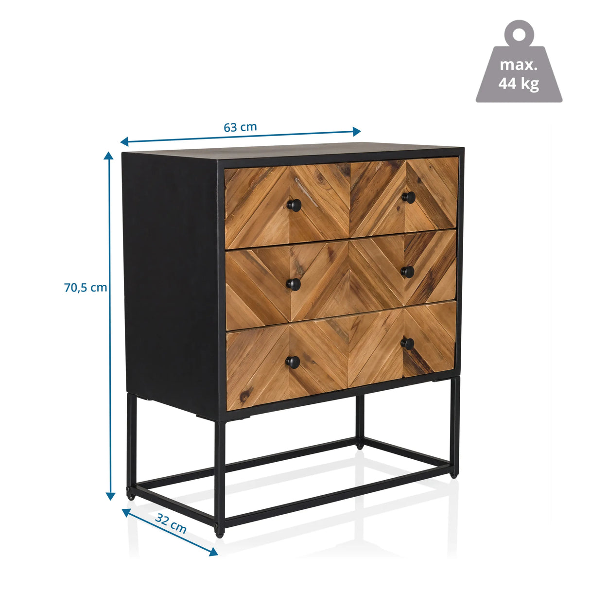 Maßansicht des Sideboards SANTJAGO BLACK SUN L mit 63 × 32 cm und einer Höhe von 70,5 cm von hjh LIVING