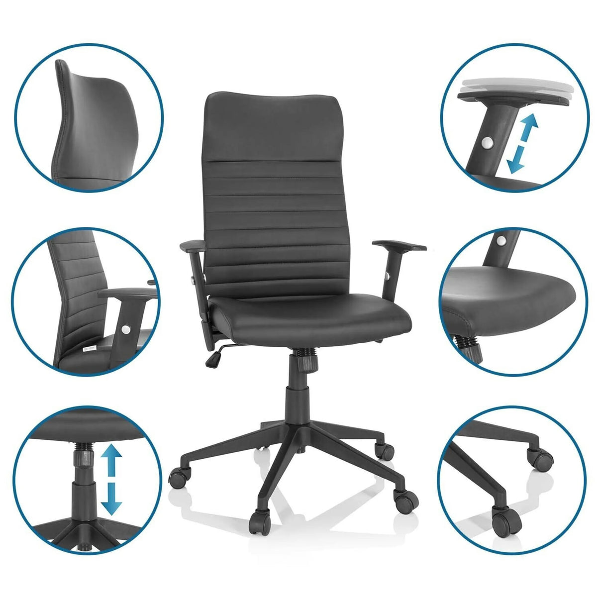 Schwarzer Homeoffice-Bürostuhl ARTON 30 mit Detailansichten zur Höhenverstellung und zu den Rollen von hjh OFFICE