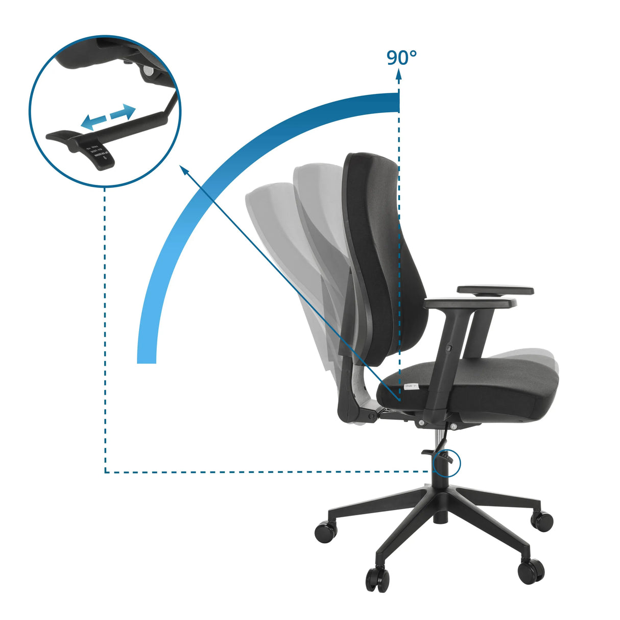 Verstellbare Rückenlehne mit einem Neigungswinkel von 90° des Profi-Bürostuhls MATHES von hjh OFFICE