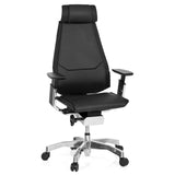 Schwarzer High-End-Bürostuhl GENIDIA PRO aus Leder mit Armlehnen und Fußkreuz mit fünf Rollen von hjh OFFICE – 360-Grad-Ansicht (Frontansicht 20°)