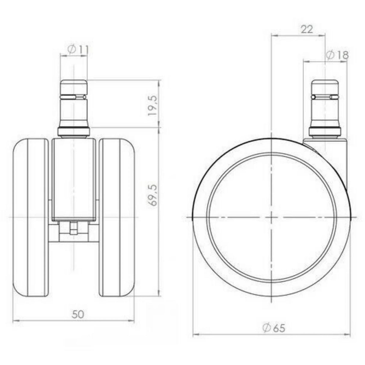 Technische Zeichnung der Stuhlrolle 5x ROLO LUX 11mm/65mm mit einem Durchmesser von 65 mm von hjh OFFICE
