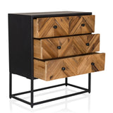 Sideboard SANTJAGO BLACK SUN L mit drei holzfarbenen Schubladen im Fischgrätmuster und schwarzem Gestell von hjh LIVING
