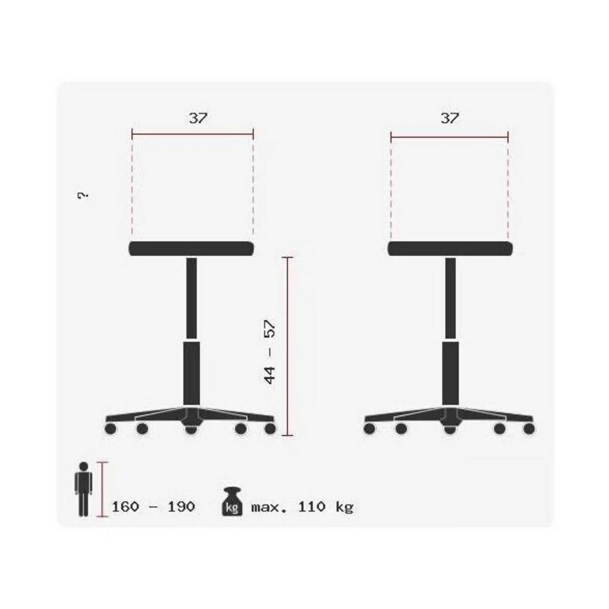Technische Zeichnung der Stehhilfe SITNESS BOB mit einer Sitzhöhe von 44 bis 57 cm von Topstar