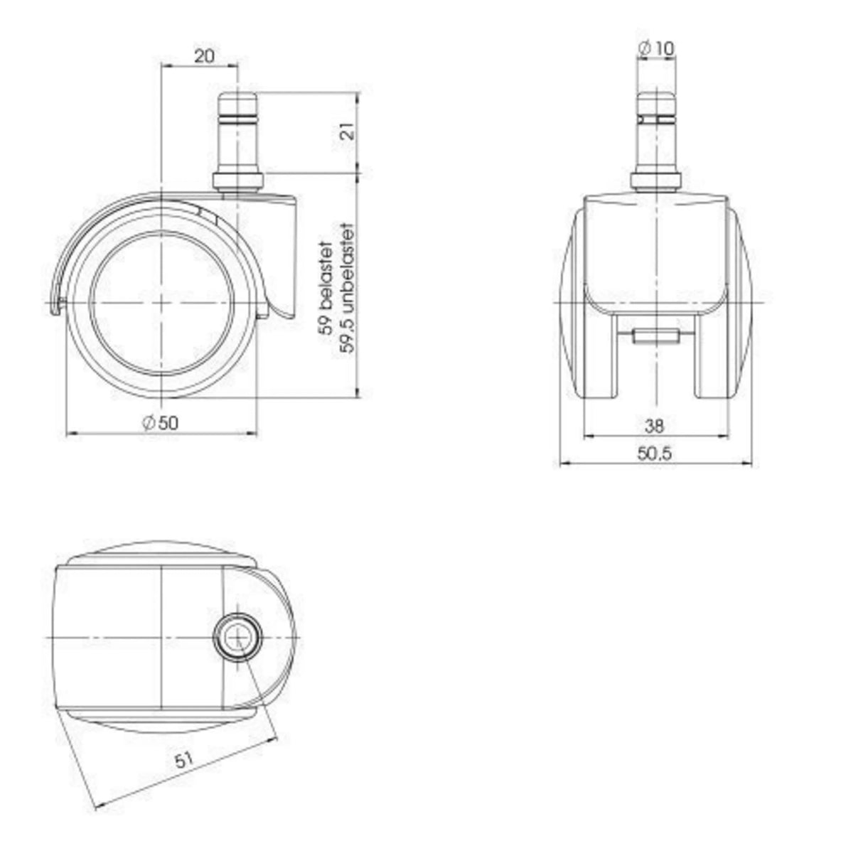 Technische Zeichnung der Stuhlrolle 5x ROLO EASY 10mm/50mm mit einem Durchmesser von 50 mm von hjh OFFICE