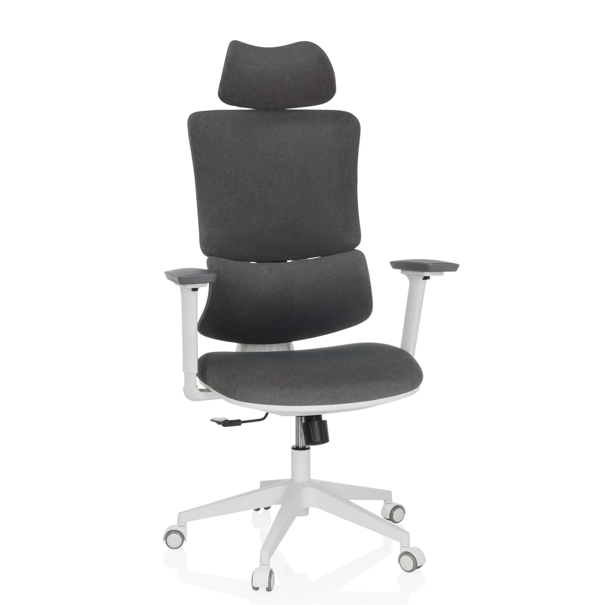 Grauer Homeoffice-Bürostuhl ERGOMY WF mit Stoffbezug, weißem Rahmen und Fußkreuz mit fünf Rollen von MyBuero – 360-Grad-Ansicht (Frontansicht 15°)