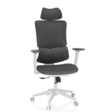 Grauer Homeoffice-Bürostuhl ERGOMY WF mit Stoffbezug, weißem Rahmen und Fußkreuz mit fünf Rollen von MyBuero – 360-Grad-Ansicht (Frontansicht 15°)