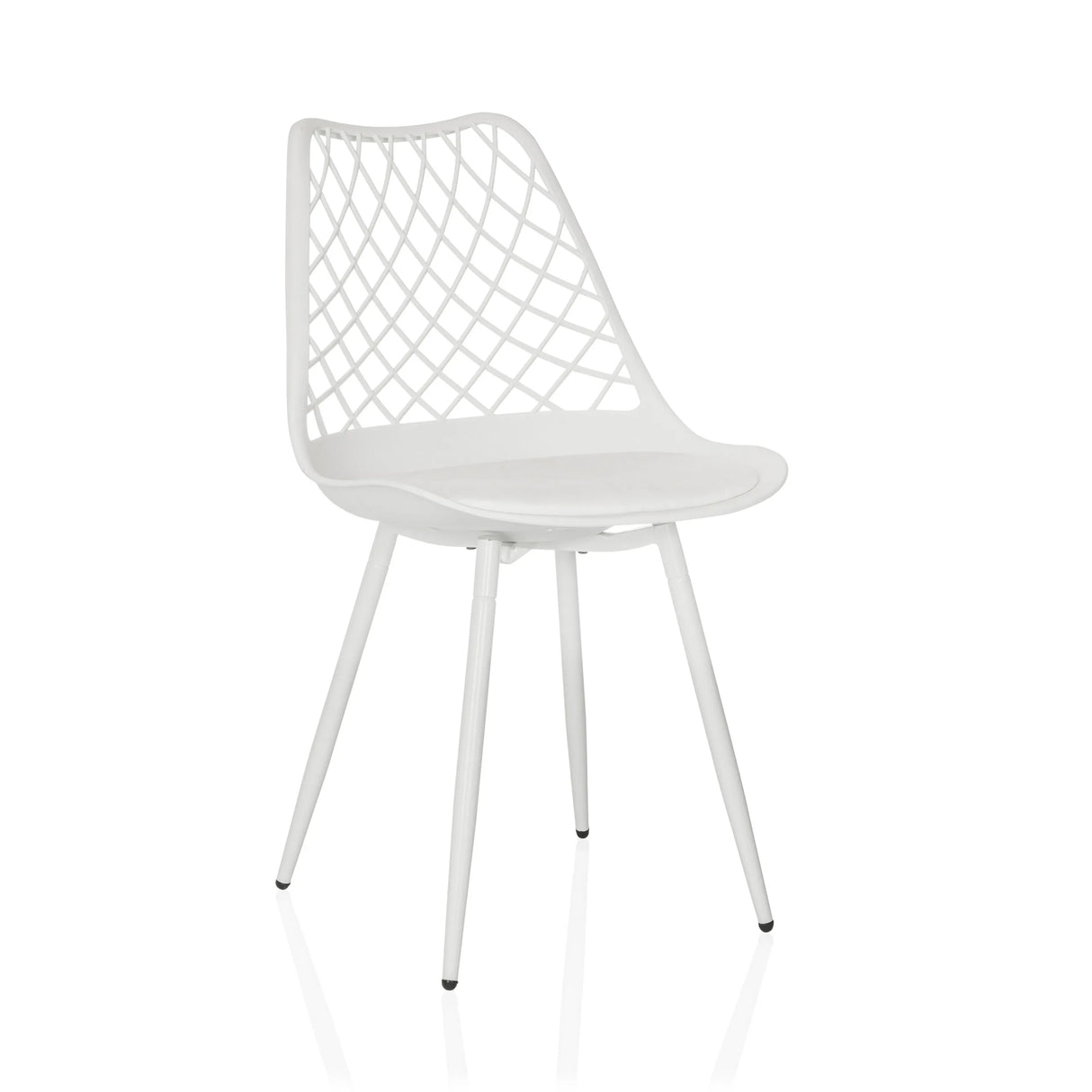 Weißer Outdoor-Stuhl BEGIO S mit gitterförmiger Rückenlehne und vier Beinen von hjh LIVING – 360-Grad-Ansicht (schräge Frontansicht 30°)