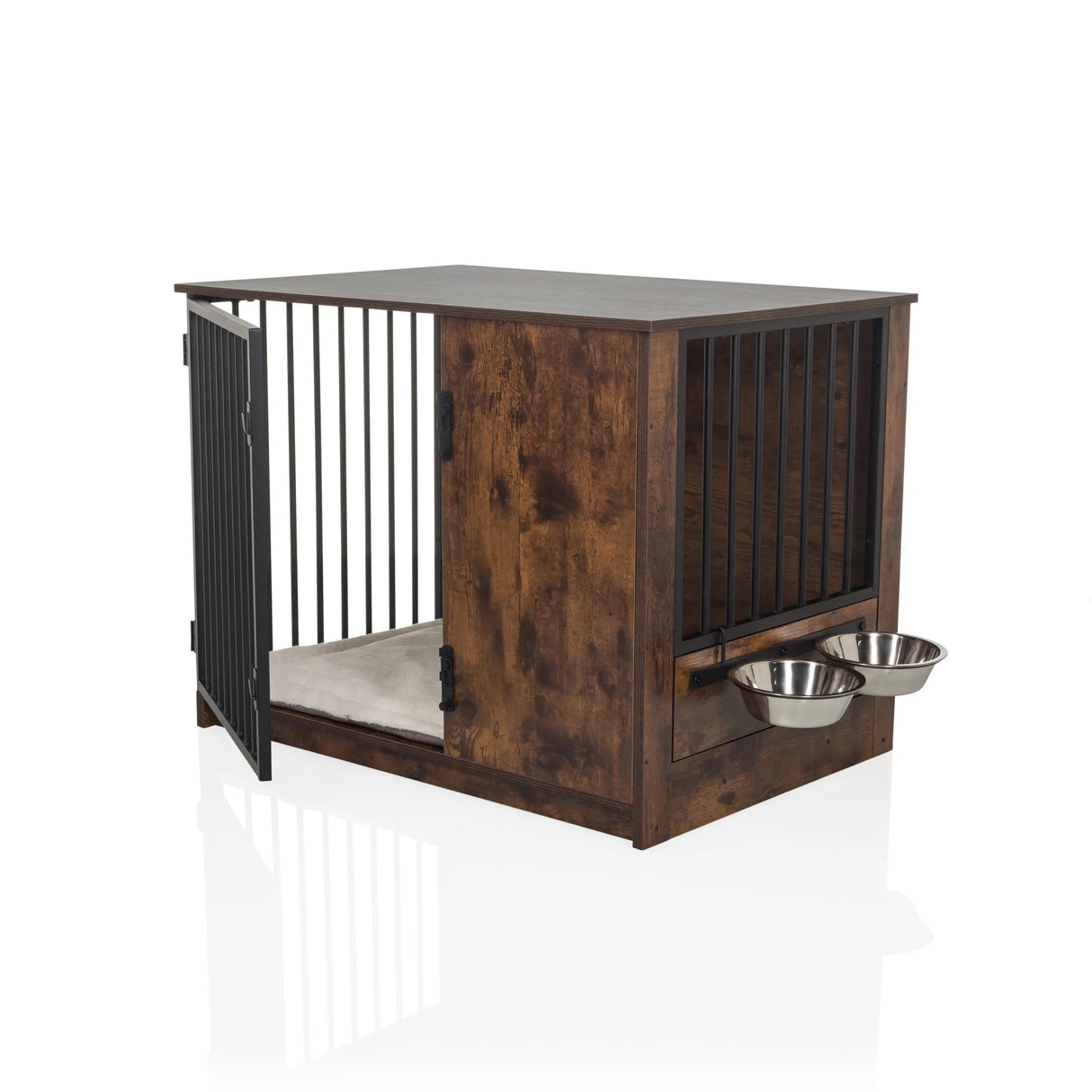 Hundebox PAWHOME S in Braun mit Metallstäben, einer offenen Tür und zwei integrierten Futternäpfen von hjh LIVING