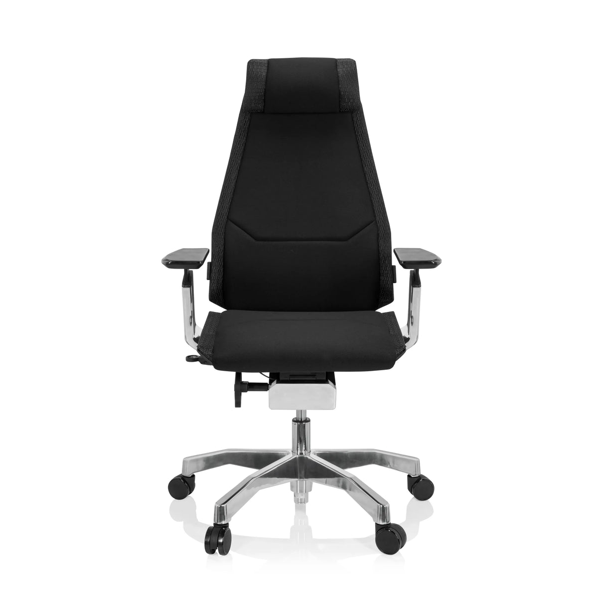 Schwarzer High-End-Bürostuhl GENIDIA PRO mit Stoffbezug und Fußkreuz mit fünf Rollen von hjh OFFICE – 360-Grad-Ansicht (Frontansicht 0°)
