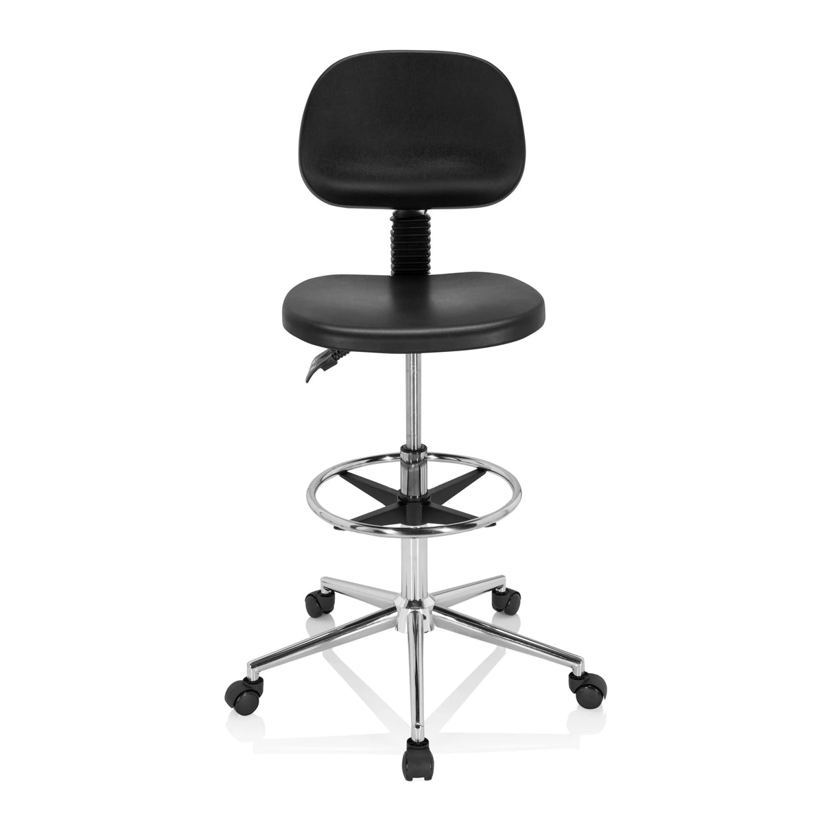 Schwarzer Counterstuhl TOP WORK 24 I mit Fußring und Fußkreuz mit fünf Rollen von hjh OFFICE – 360-Grad-Ansicht (Frontansicht 0°)