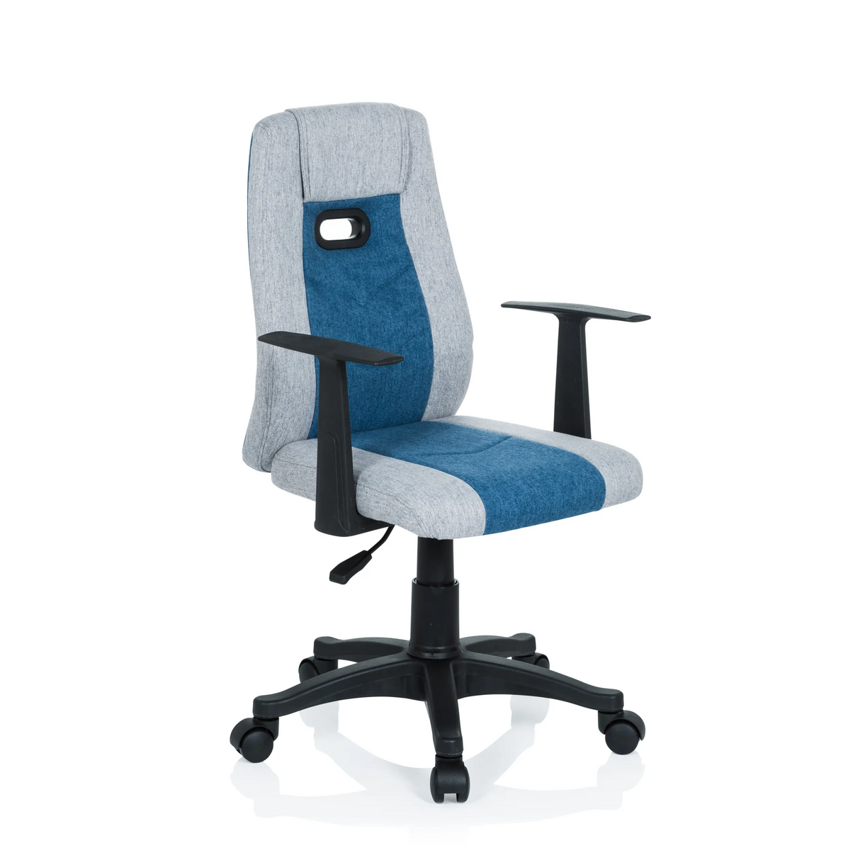 Grau-blauer Kinderdrehstuhl KIDDY EXTRA mit Armlehnen und Fußkreuz mit fünf Rollen von hjh OFFICE – 360-Grad-Ansicht (schräge Frontansicht 40°)