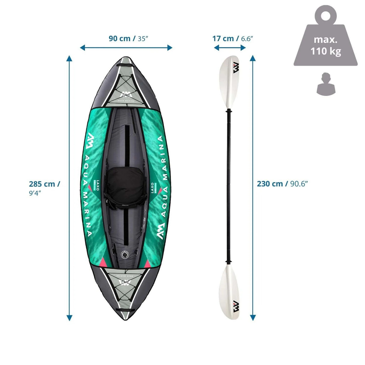 Technische Zeichnung des aufblasbaren Kajaks LAXO-285 mit 285 × 90 cm von Aqua Marina