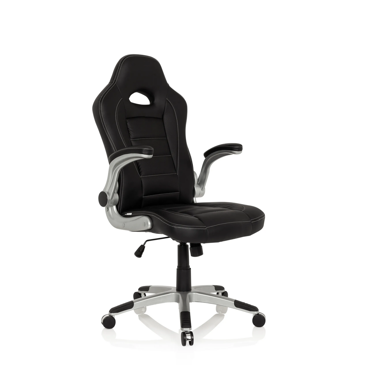 Schwarzer Gamingstuhl GAME SPORT mit Kopfstütze, Armlehnen und silbernem Fußkreuz mit fünf Rollen von hjh OFFICE – 360-Grad-Ansicht (Frontansicht 20°)