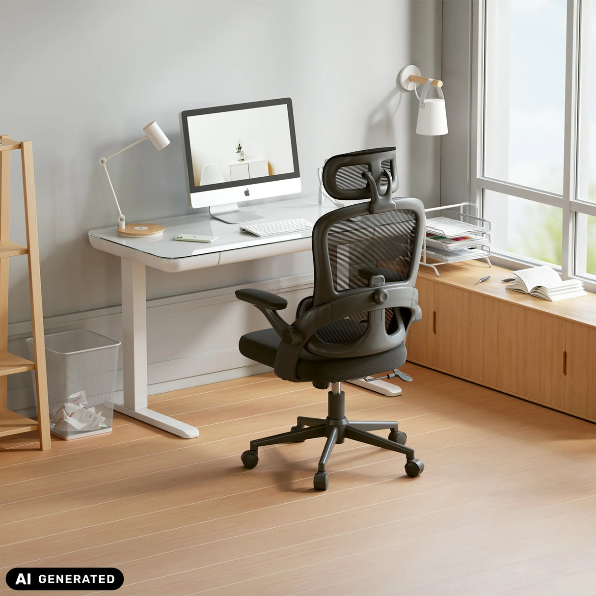 Schwarzer Profi-Bürostuhl MC102C-M101 mit Netzrückenlehne in einem hellen Homeoffice von Sihoo (KI-generiertes Bild)