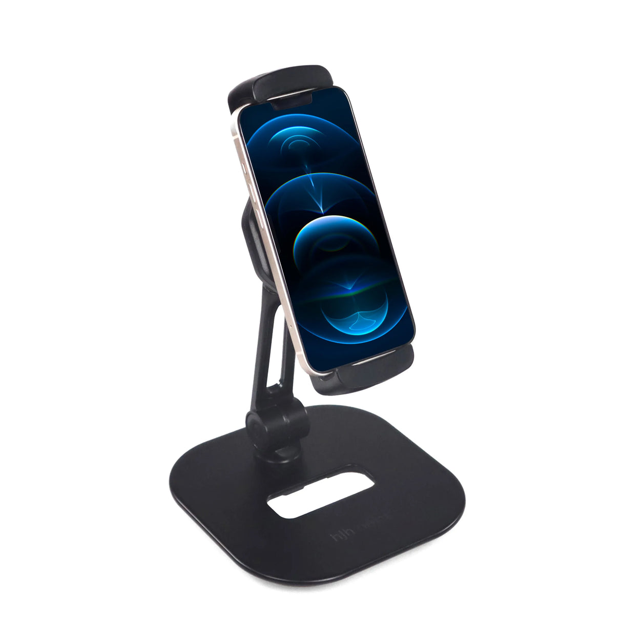 Schwarze Handy- und Tablethalterung FLEXMOBI IV mit Standfuß und Halteklemme von hjh OFFICE – 360-Grad-Ansicht (schräge Frontansicht 60°)