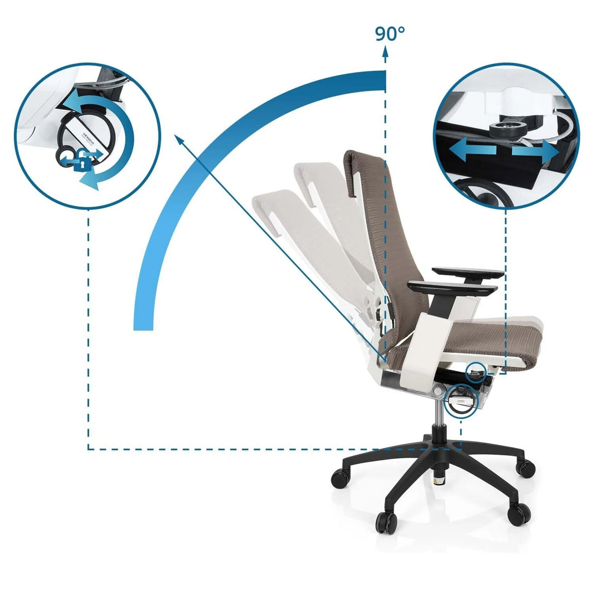 Verstellbare Rückenlehne mit 90 Grad Winkel des Profi-Bürostuhls GENIDIA SMART WHITE von hjh OFFICE