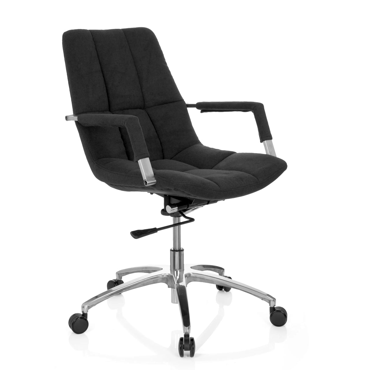 Schwarzer Homeoffice-Bürostuhl SARANTO mit Stoffbezug und Fußkreuz mit fünf Rollen von hjh OFFICE – 360-Grad-Ansicht (schräge Frontansicht 40°)