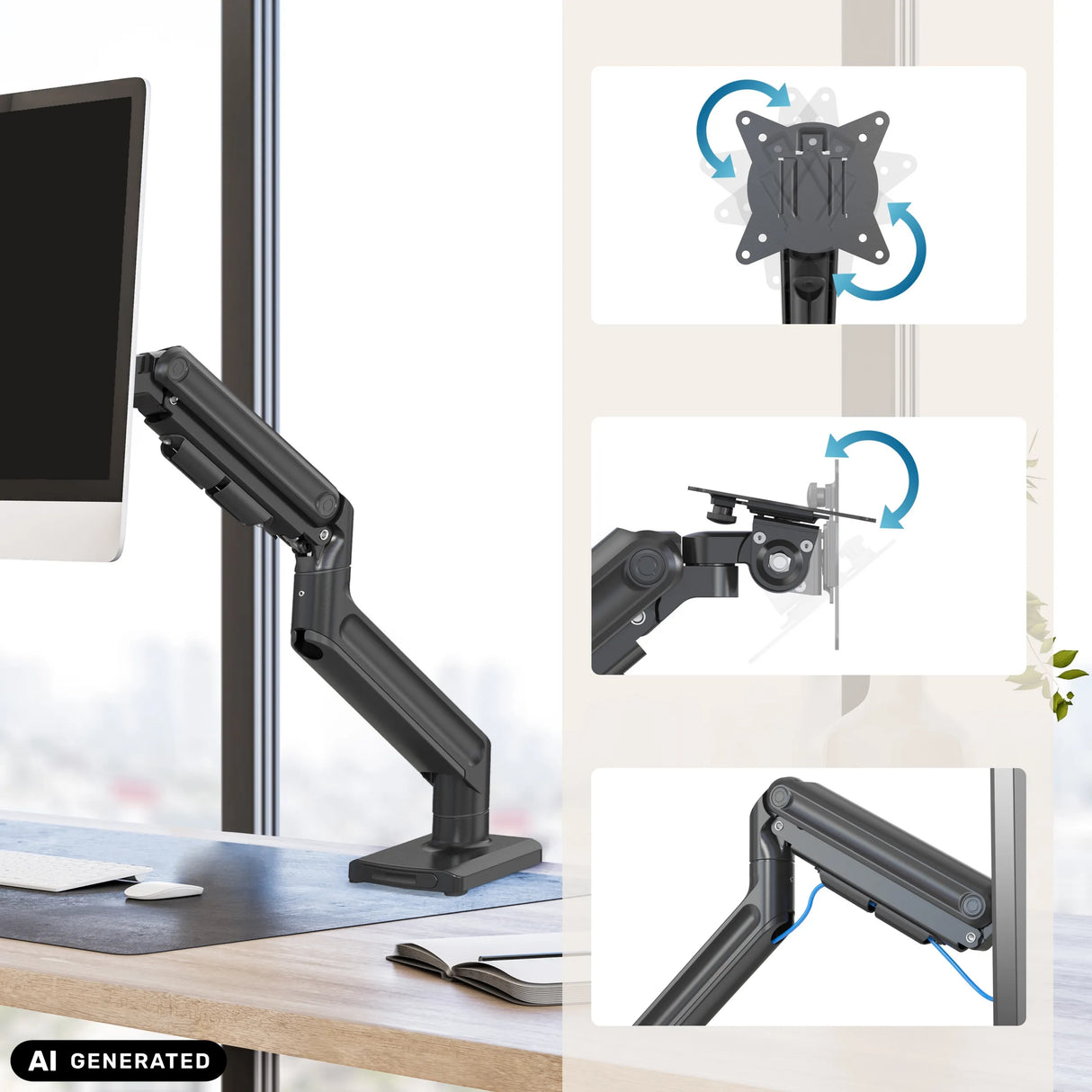 Verstellbare Gelenke und Montageplatte der Monitorhalterung VM-MG1S von hjh OFFICE (KI-generiertes Bild)