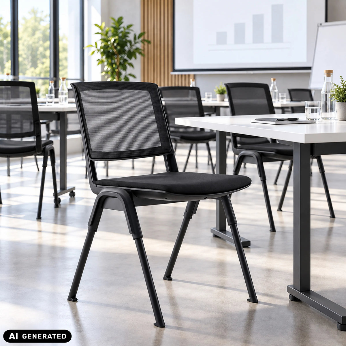 Besucherstuhl MEET WA in Schwarz mit Netzrückenlehne in einem Besprechungsraum von hjh OFFICE (KI-generiertes Bild)