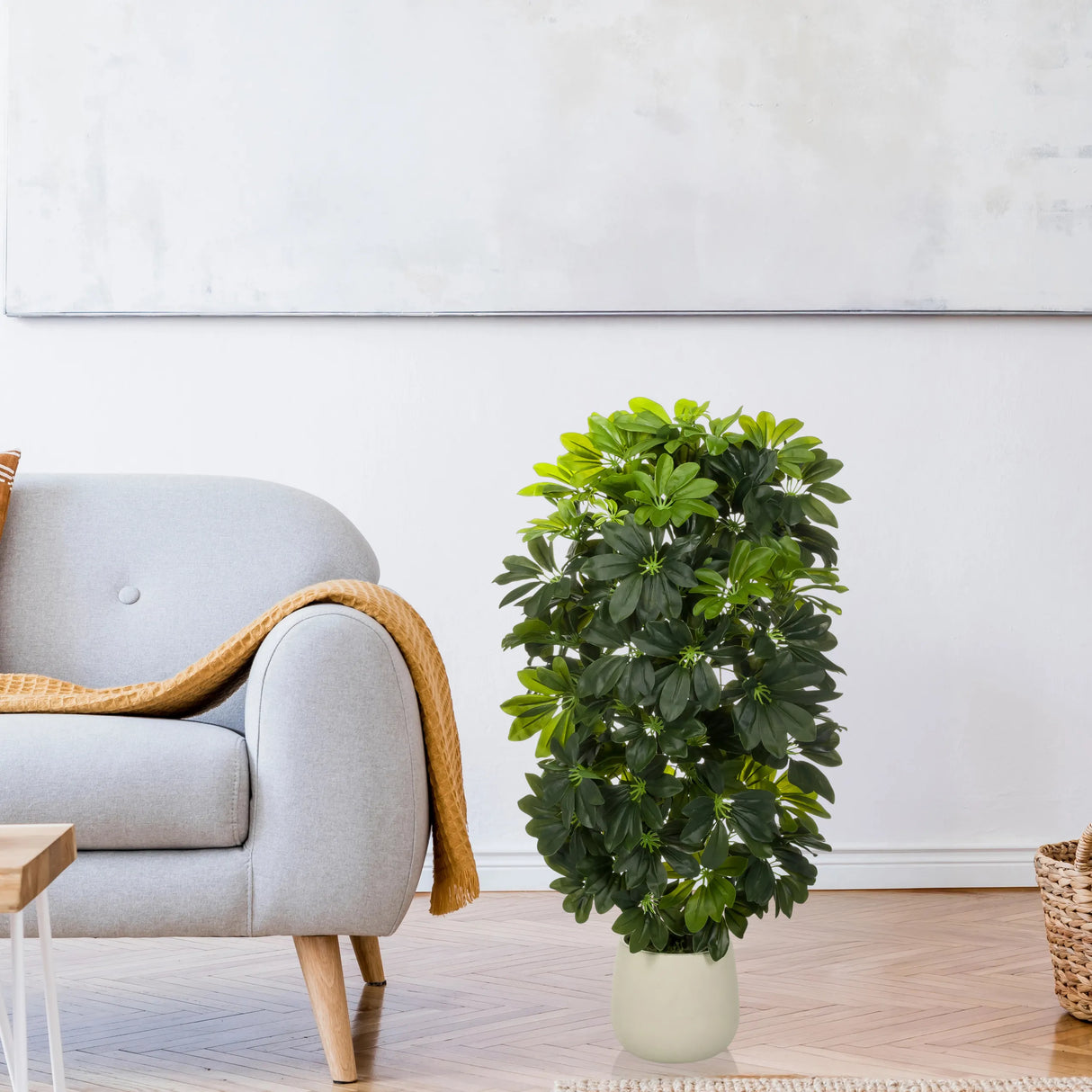 Grüne Kunstpflanze Schefflera 2 in einem schlichten weißen Übertopf von hjh OFFICE
