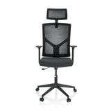 Schwarzer Homeoffice-Bürostuhl BRETON B mit Netzrücken, Kopfstütze und Fußkreuz mit fünf Rollen von hjh OFFICE – 360-Grad-Ansicht (Frontansicht 0°)