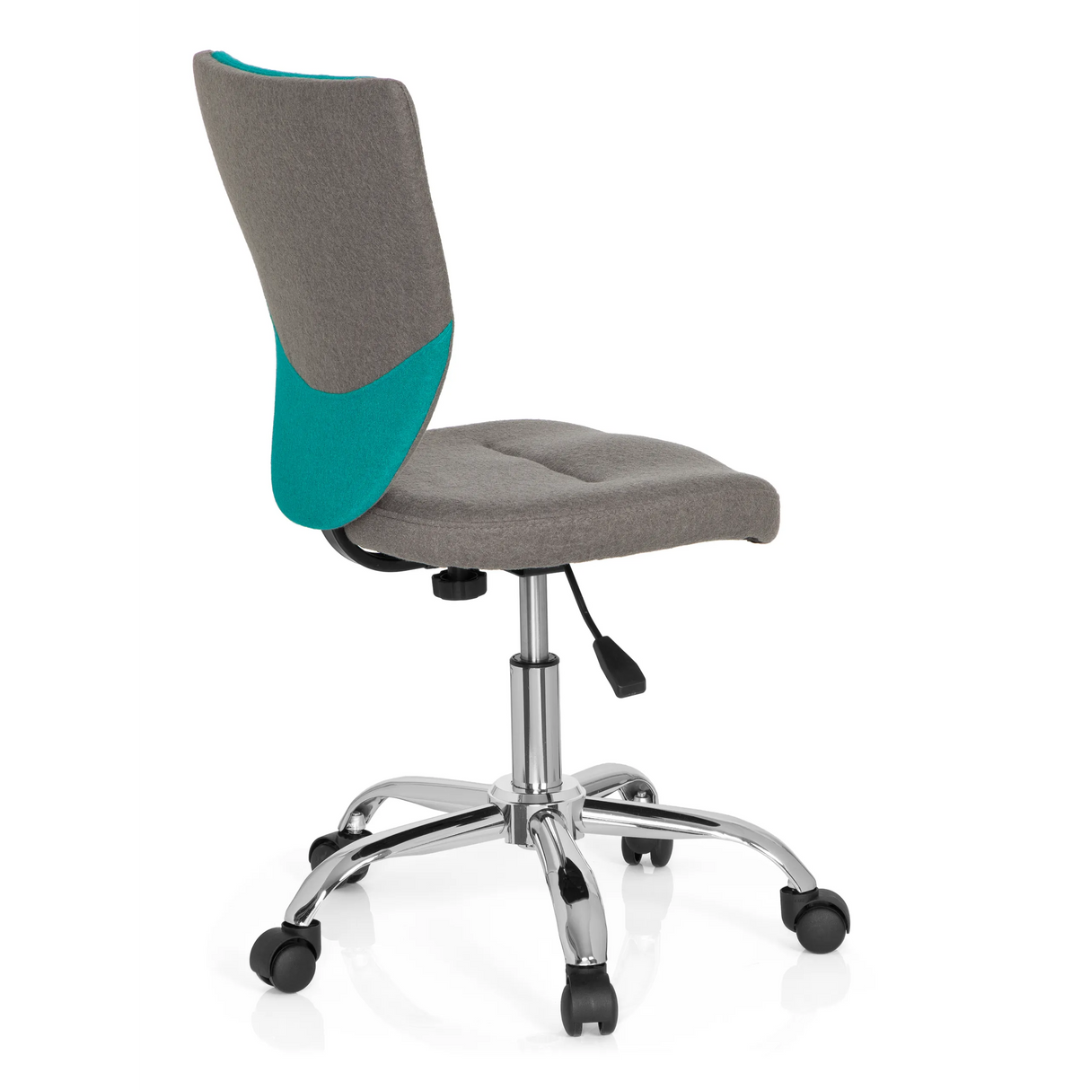 Grau-türkiser Kinderdrehstuhl KIDDY COMFORT mit Fußkreuz und fünf Rollen von hjh OFFICE – 360-Grad-Ansicht (schräge Rückenansicht 120°)
