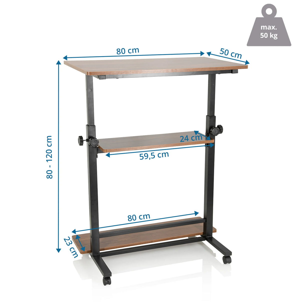 Maßzeichnung des Stehschreibtischs WORKSTATION II mit 80 × 50 cm und einer Höhe von 80 bis 120 cm von hjh OFFICE