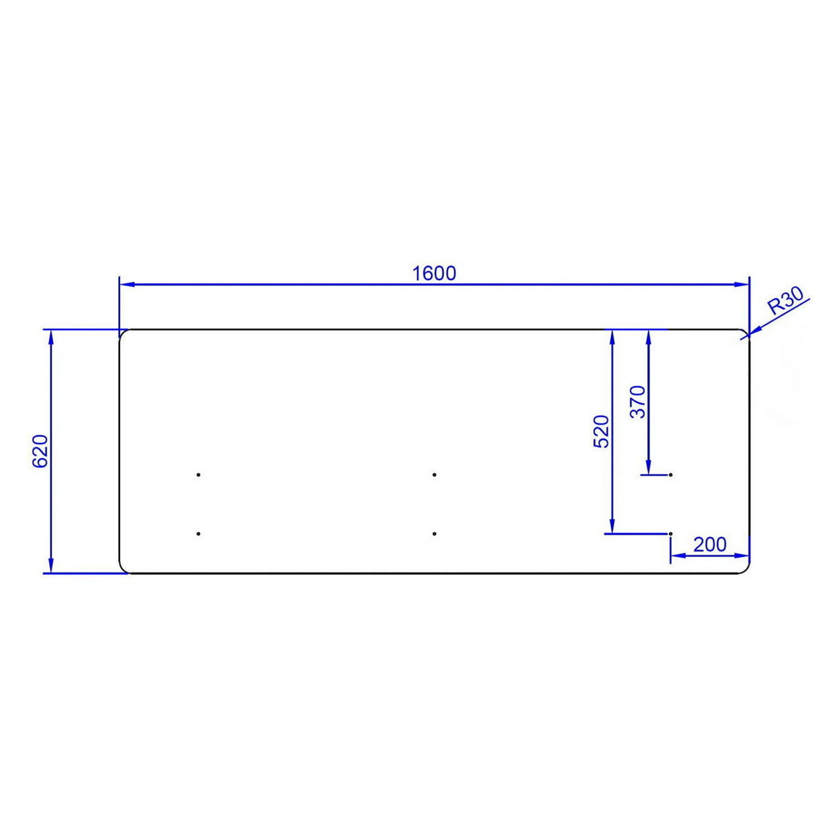 Technische Zeichnung der Tischtrennwand FLEXMIUT D 160 mit 160 x 62 cm von hjh OFFICE