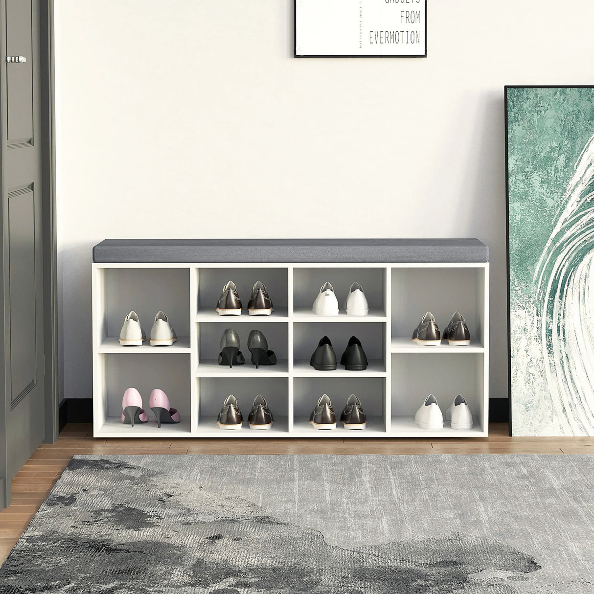 Weißer Schuhschrank ESTHA 10 mit grauer Sitzfläche und neun offenen Fächern von hjh LIVING