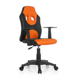 Schwarz-orangefarbener Kinderdrehstuhl KID GAME AL mit Netzrücken und Fußkreuz mit fünf Rollen von hjh OFFICE – 360-Grad-Ansicht (schräge Frontansicht 40°)