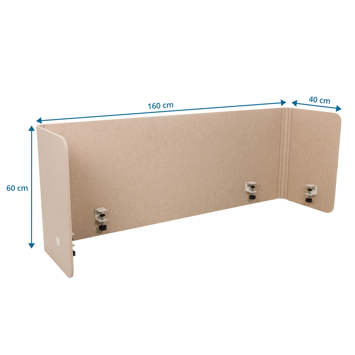 Maßzeichnung der Tischtrennwand FLEXMIUT U mit 160 × 60 cm von hjh OFFICE